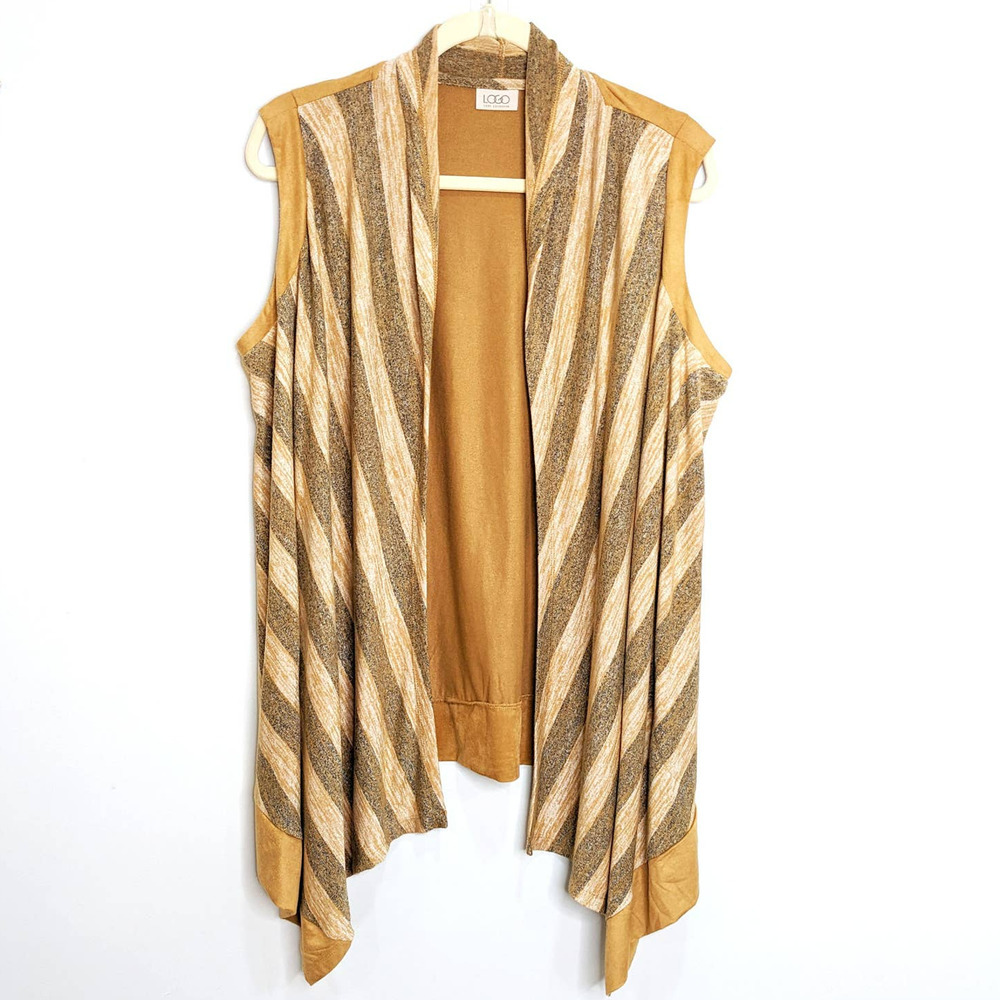 Lori Goldstein LOGO Open Tank Cardigan Womens XL Space Dye Stripe Gold Grey QVC